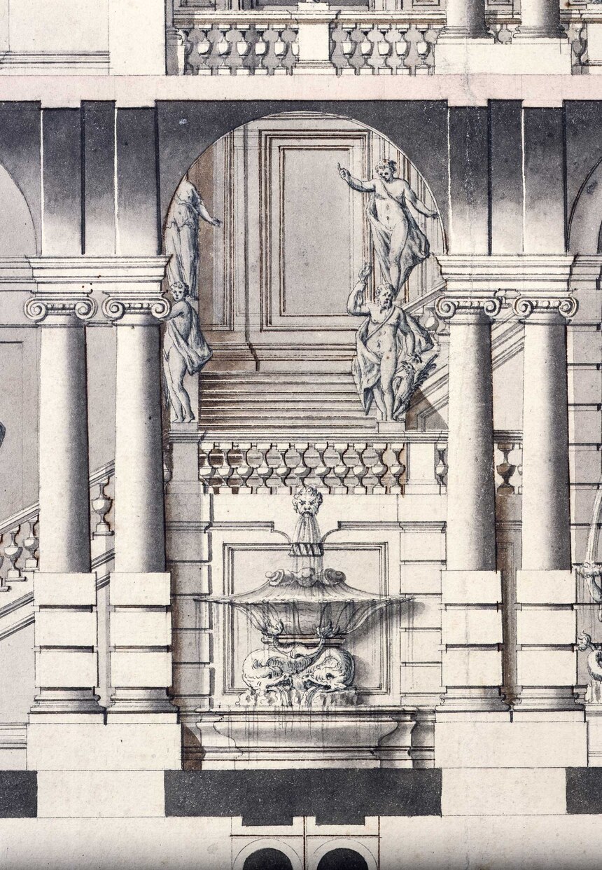 Gaetano Chiaveri: Detail aus einem Entwurf für ein neues Dresdner Residenzschloss, Schnitt Treppenhaus, 1748. 