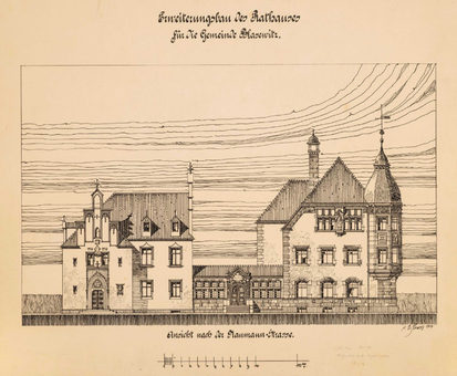 Karl Emil Scherz, Fassadenaufriss des Rathauses in Blasewitz mit Erweiterungsbau, Präsentationszeichnung, 1904