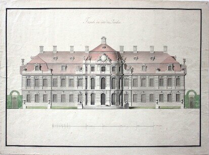 Friedrich August Krubsacius, Thallwitz, Schloss, Neubauplanung, Ansicht der Gartenfassade, 1760er Jahre, derzeit im Museum Schloss Wolkenburg ausgestellt