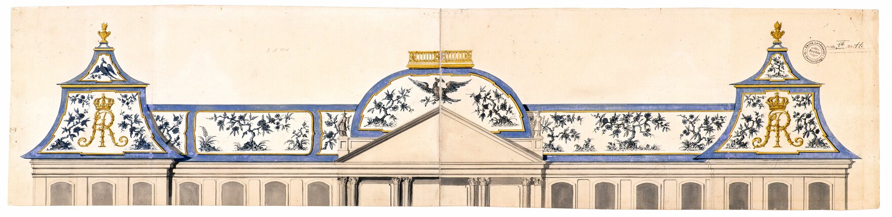 Zeichner im kursächsischen Oberbauamt, Dresden, Japanisches Palais, Dekorationsentwurf für das Dach, wohl 1731