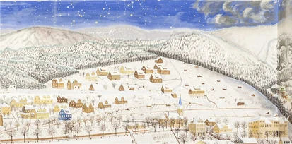 Klingenthal, ehemalige Aschberg-Apotheke, Panorama von Klingenthal im Laufe der vier Jahreszeiten, Ausschnitt »Winter«, Kurt Hoyer, nach 1935