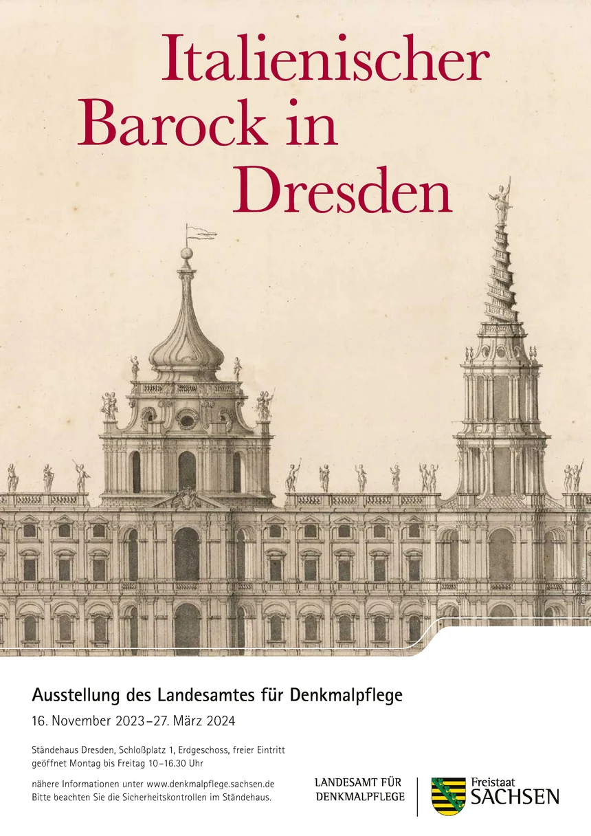 Plakat zur Ausstellung mit Motiv Gaetano Chiaveri (1689–1770), Projekt für den Neubau einer königlichen Residenz, Aufriss der Hauptfassade, 1736/37 (Ausschnitt)