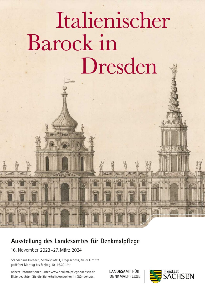 Plakat zur Ausstellung mit Motiv Gaetano Chiaveri (1689–1770), Projekt für den Neubau einer königlichen Residenz, Aufriss der Hauptfassade, 1736/37 (Ausschnitt)
