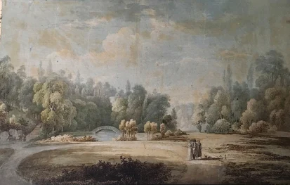 Ideale Parklandschaft des Schlossparks Reinhardtsgrimma, Aquarell, unbekannter Künstler, frühes 19. Jh. Blick vom Schloss zum Liebsteingrund