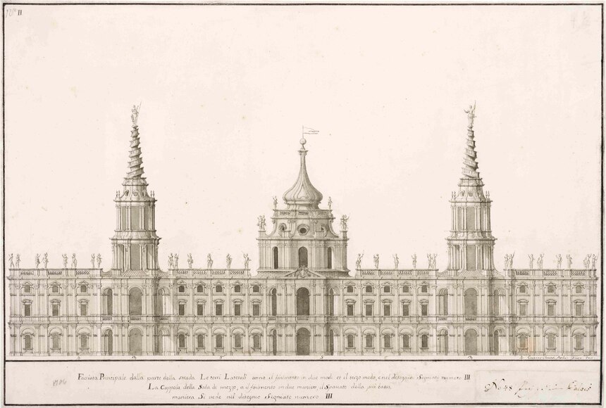 Gaetano Chiaveri (1689–1770), Projekt für den Neubau einer königlichen Residenz, Aufriss der Hauptfassade, 1736/37