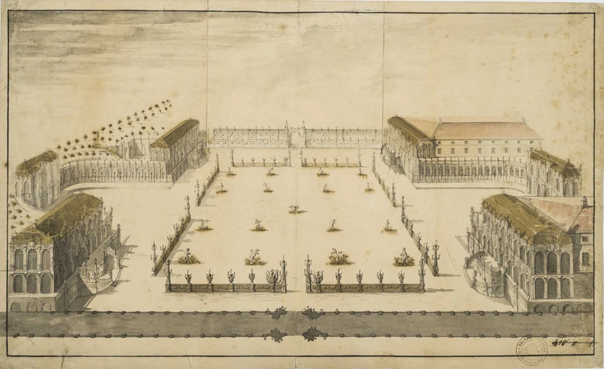 Matthäus Daniel Pöppelmann (1622-1736), Dresden, Zwinger, perspektivischer Präsentationsentwurf zu dessen Vollendung als Festplatz, 1718
