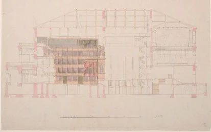 Gottfried Semper, Längsschnitt durch das erste Hoftheater Dresden, 1838, Landesamtes für Denkmalpflege Sachsen, Plansammlung
