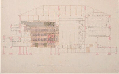 Gottfried Semper, Längsschnitt durch das erste Hoftheater Dresden, 1838, Landesamtes für Denkmalpflege Sachsen, Plansammlung