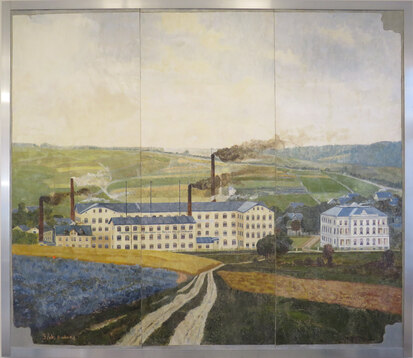 Thalheim/Erzgebirge, Rathaus Bürgerbüro: Die Rettung der geborgenen Wandbilder aus der Strumpfwarenfabrik von Bruno Neukirchner
