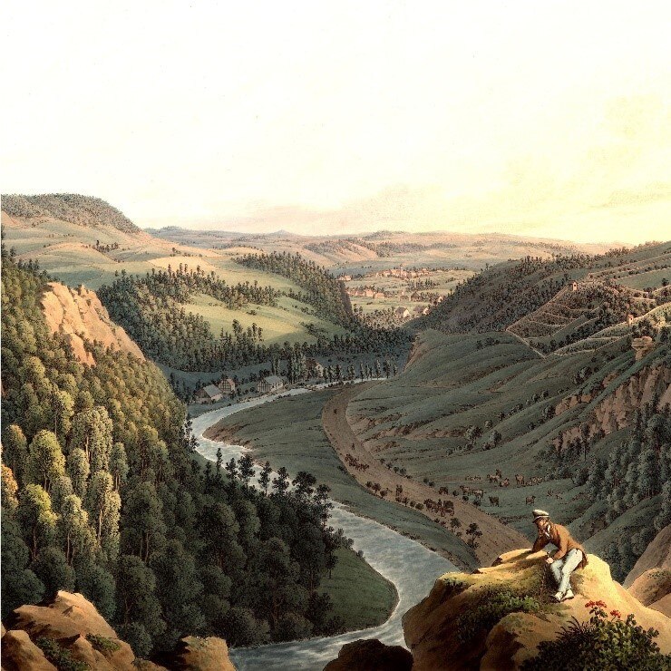 Einblick in den vordern Plauischen Grund bei Dresden von Canapé aus, auf der Höhe von Doelzschen, Friedrich Wizani, kolorierte Radierung um 1810